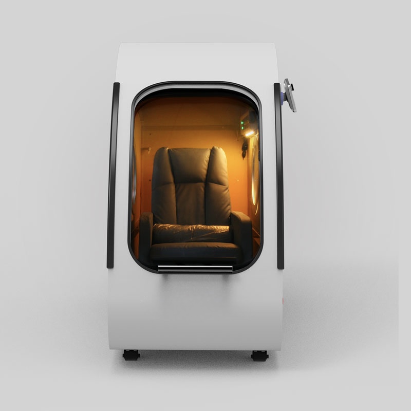 White hard-shell seated oxygen chamber — front view